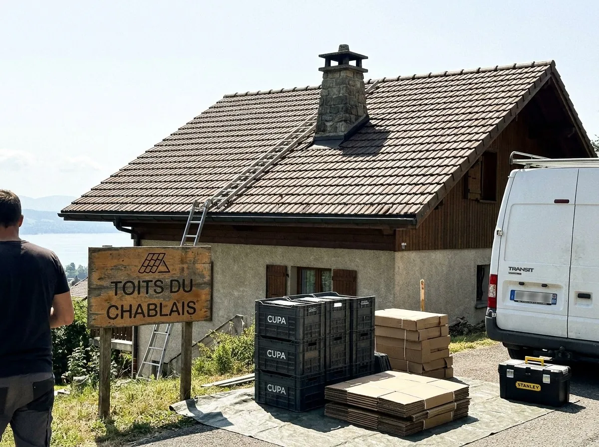 Maison savoyarde à Draillant au toit de tuiles brunes refait par Les Toits du Chablais, panneau de chantier et lac Léman au loin